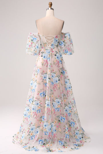 A-Line Albicocca fiore Off the Shoulder lungo corsetto Prom Dress